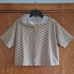 MICHAEL Michael Kors Beige Logo Cropped Hooded Short-Sleeve Top, size M